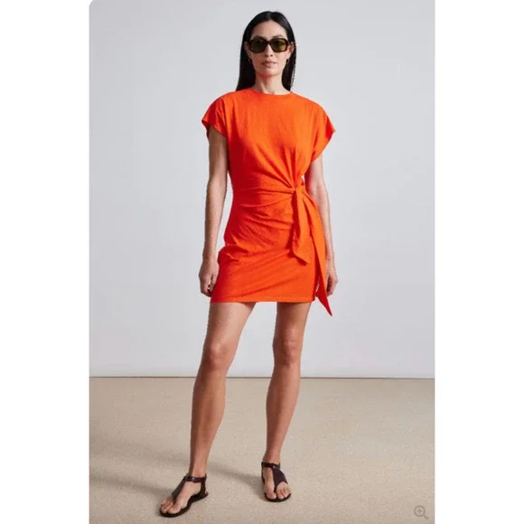 Apiece Apart Nina Cinched Waist Dress Orange Midi Wrap Organic Cotton Flambe - Picture 1 of 9